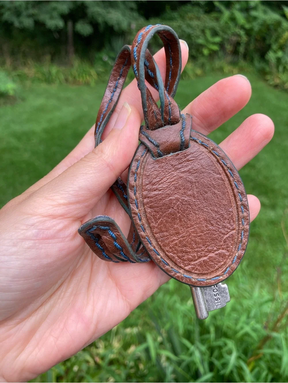 Vintage Fossil Leather Bag Charm Key Fob Brown Blue Stitching Skeleton Key